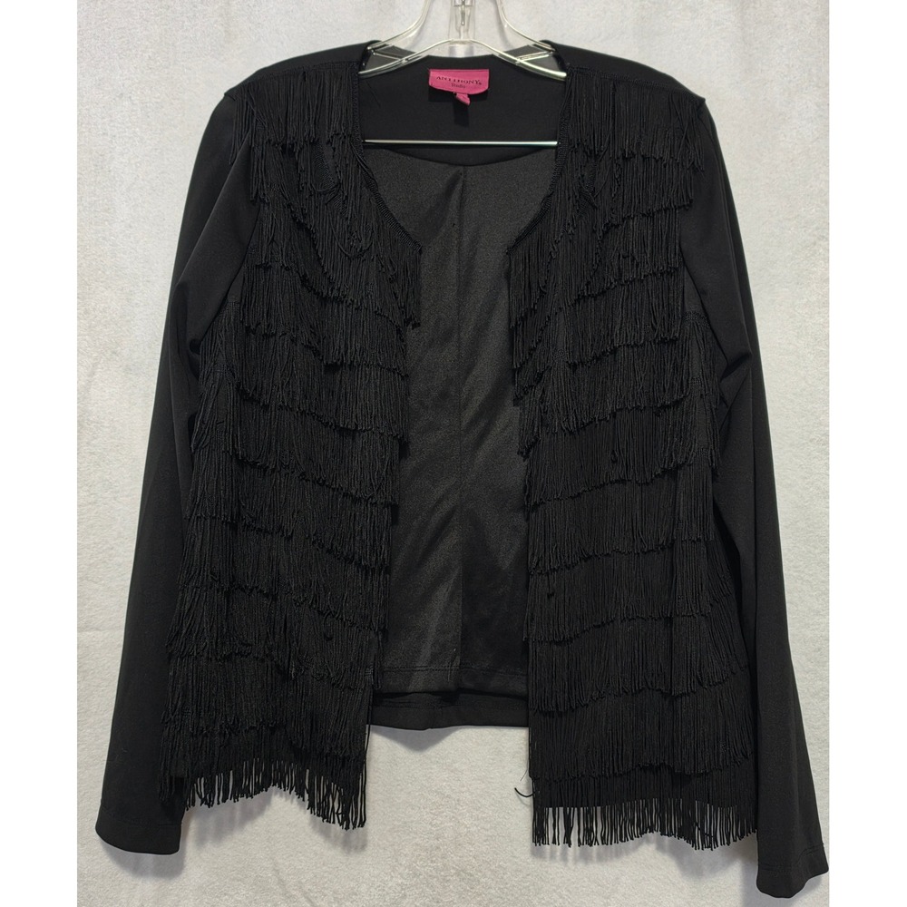 ANTTHONY Studio Black Fringe Tiered Cardigan Jacket Open Front Sz L Western Boho